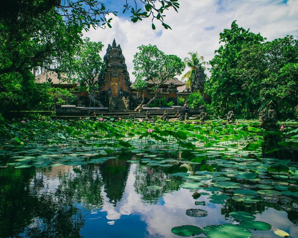Pura Taman Kemuda Saraswati, Pura Taman Saraswati or Saraswati Temple or The Ubud Water Palace in the heart of Ubud with its lotus pond in front of it. A historical photo since it doesn't look like this anymore due to more tourist visits and construction.