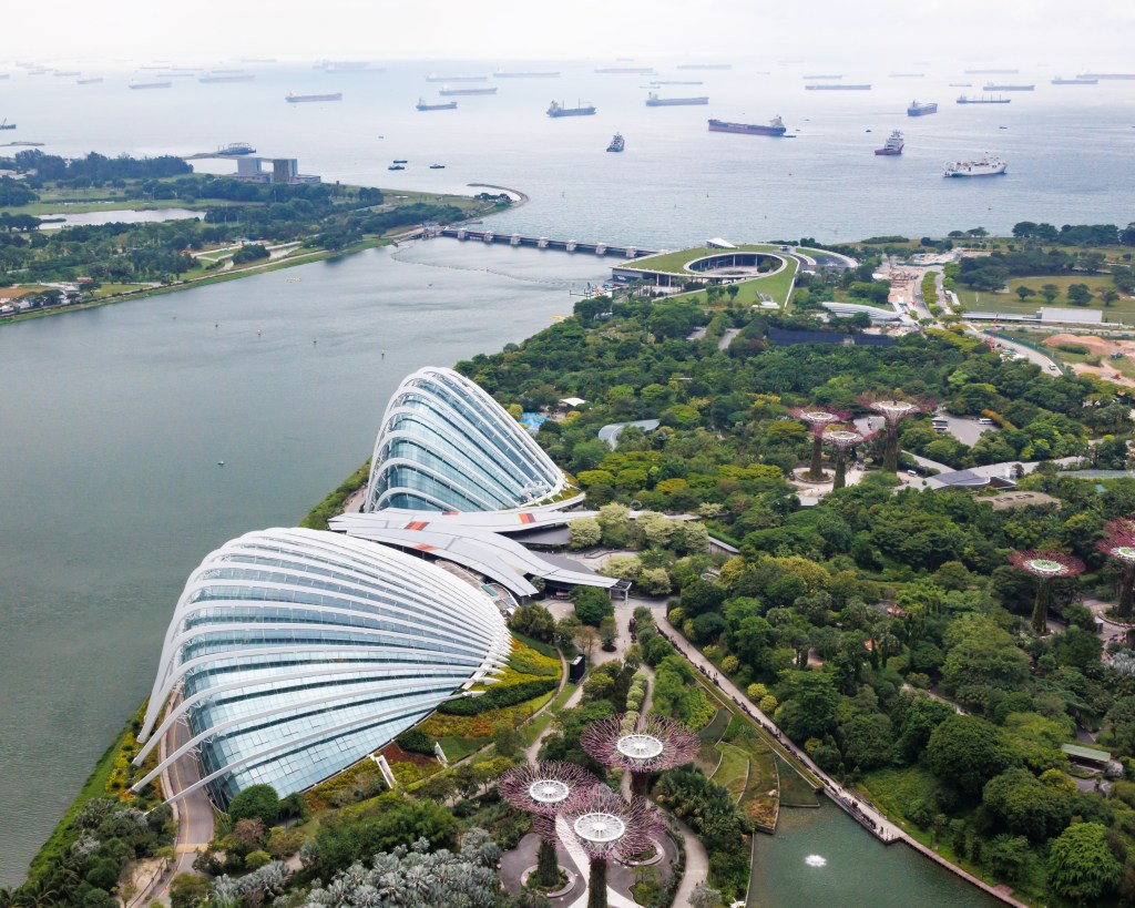 The flower dome in Singapore seen from the top of Marina Bay Sands.