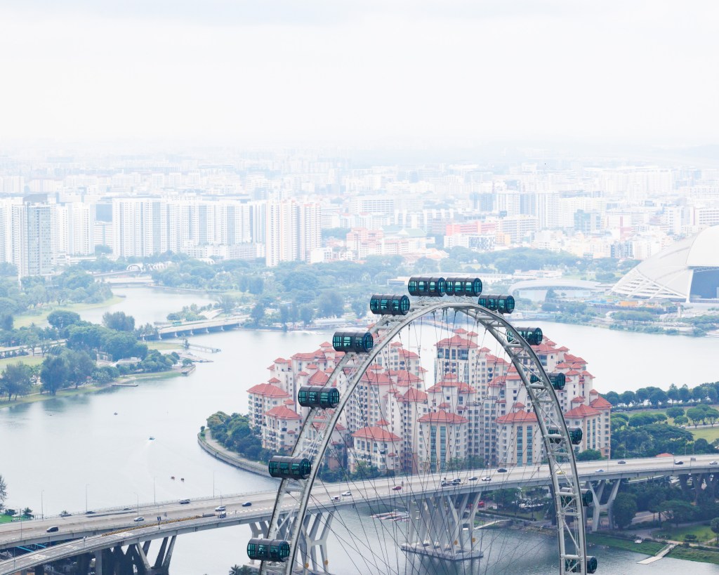 Paris wheel, and view of the city, in Singapore seen from the Marina Bay Sands viewing deck