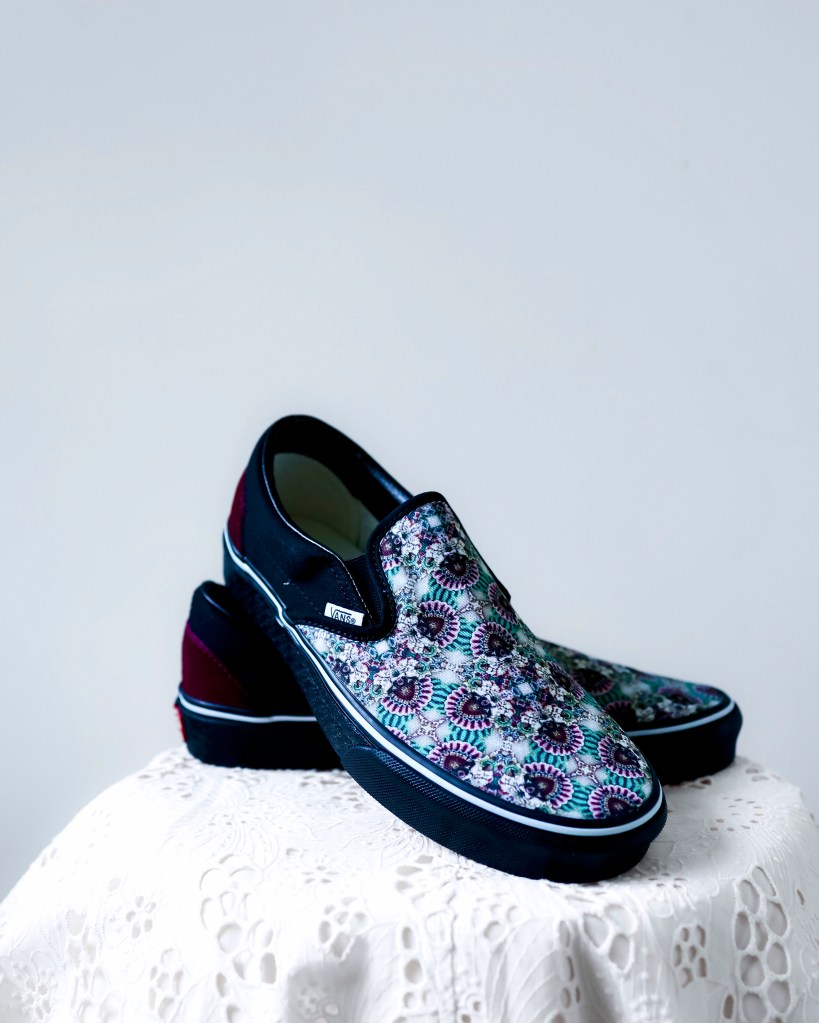Custom made Vans Classic Slip Ons with a print I made in Bali 2022.