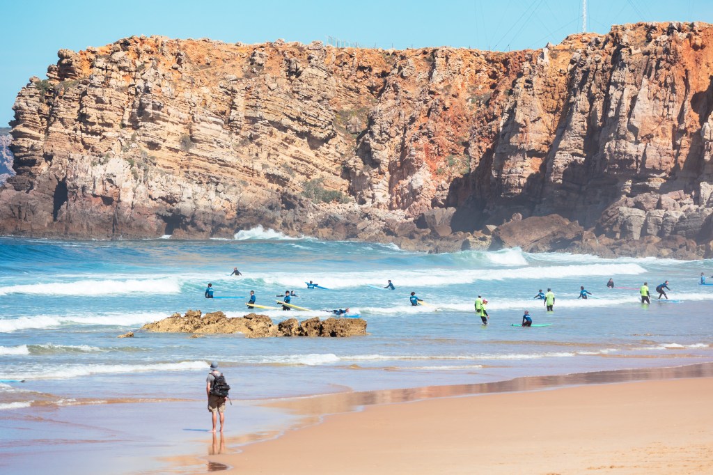 Surfing at Praia do Tonel, Sagres, Algarve, Portugal April 2023
