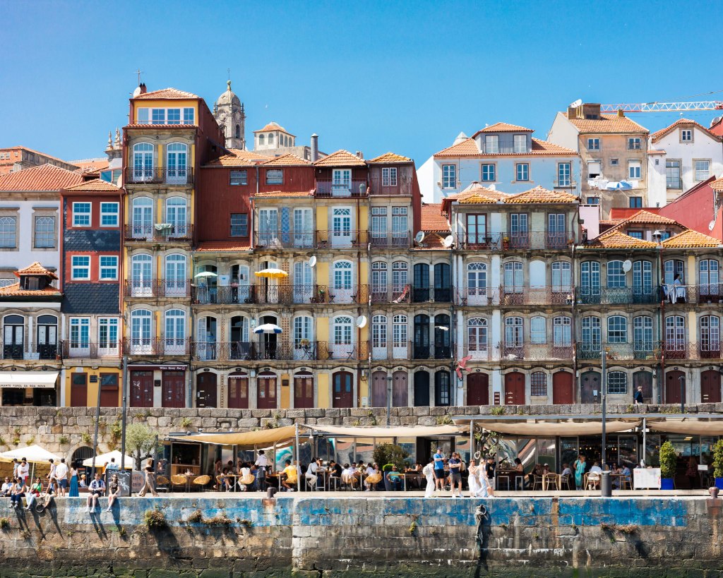 View of the city of Porto, Portugal from a river cruise on the Douro river