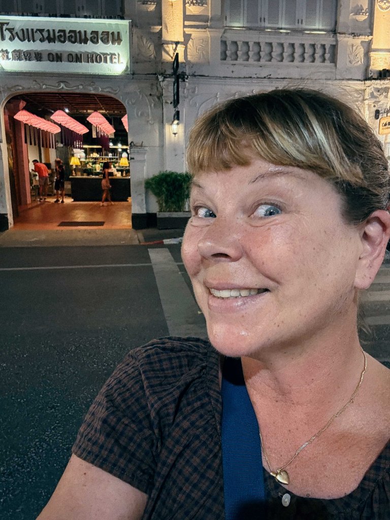 Helena Mettävainio of HelenaAndTheSea.com outside The On On Hotel in Old Town Phuket, Thailand, JAnuary 2026