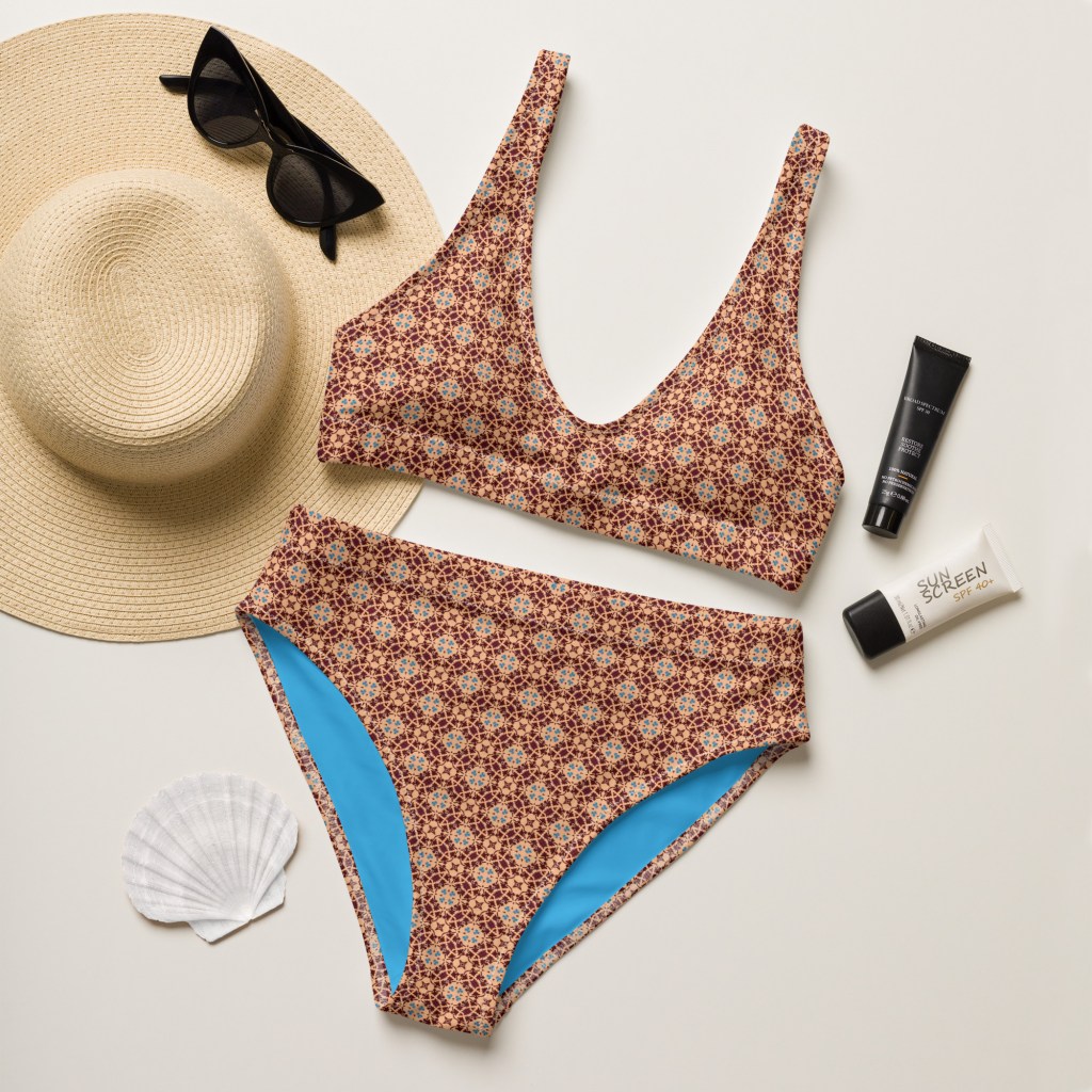Bikini with the Porto rust and blue mosaic print made by HelenaTheSea.com 
